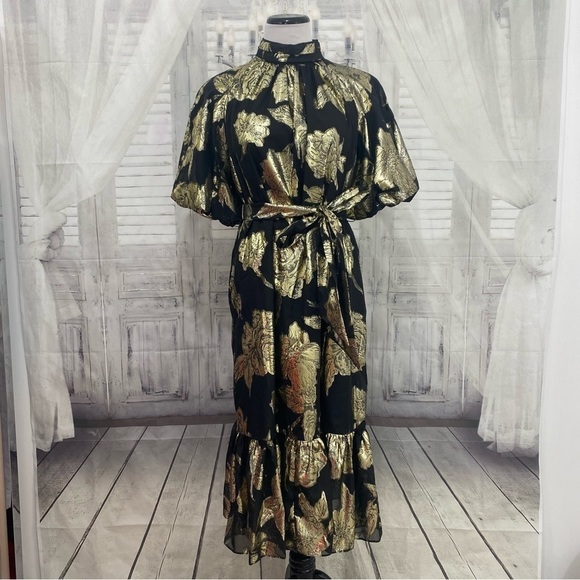 Alex Marie Black Gold Mock Neck Puff Sleeve Midi Dress Belted Pockets Cocktail - Picture 2 of 16